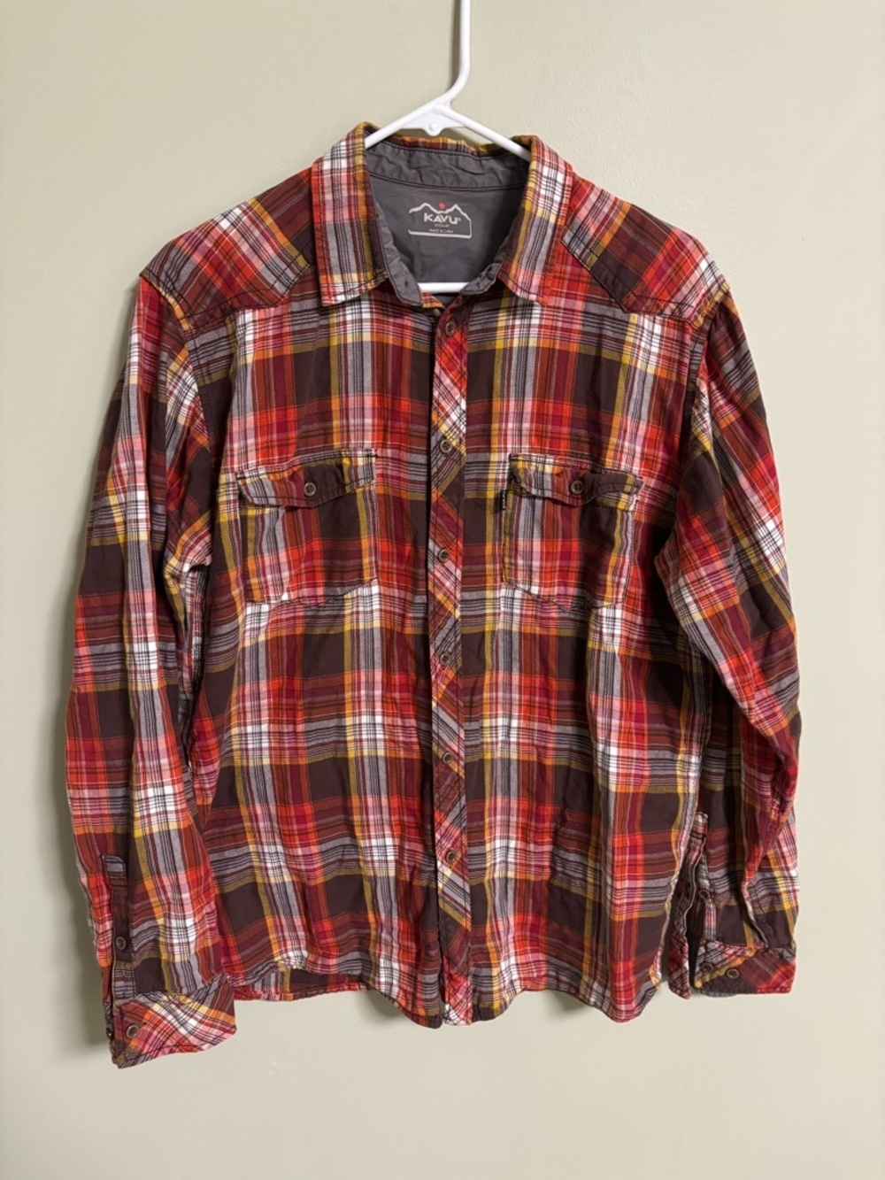 Kavu Shirt Mens Size Medium Plaid Cotton Flannel Long Sleeve Pockets Gorpcore